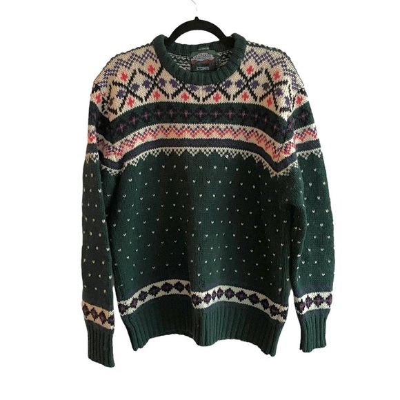 Beaver CANOE Men’s Hand Frame Knit Shetland Wool Crew Neck Sweater Green Cream L - Picture 1 of 6